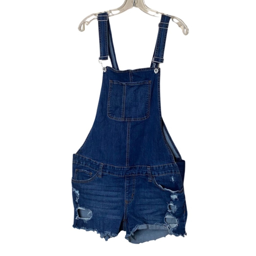S.O.N.G Maternity Dark Wash Denim Distressed Fray Hem Short Overalls Size XL